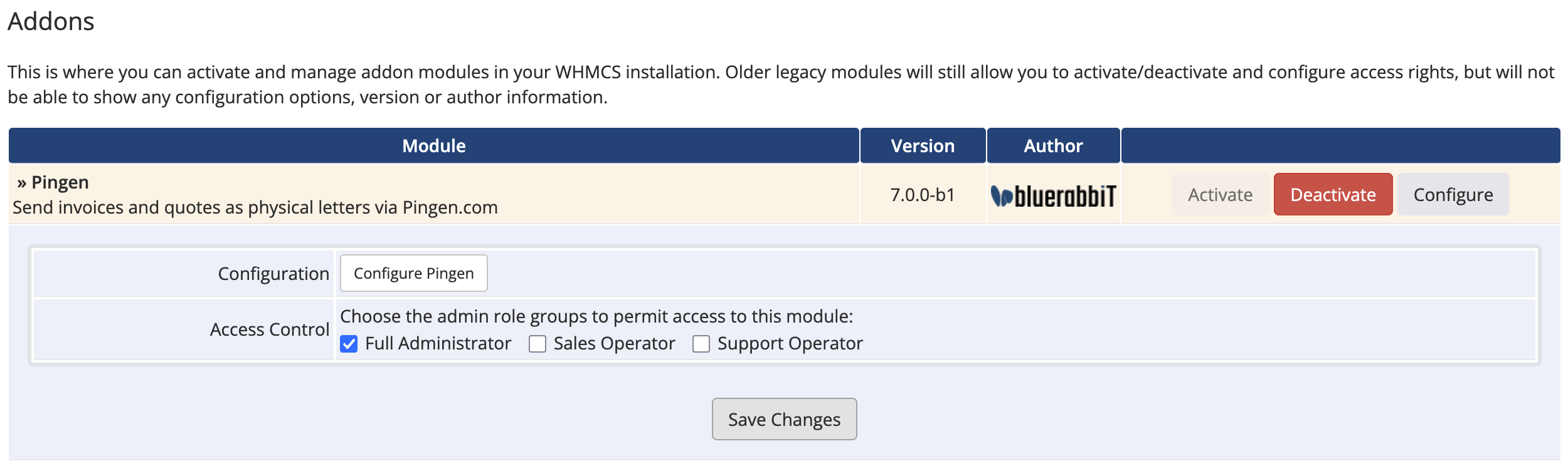 The Pingen row's Configure page