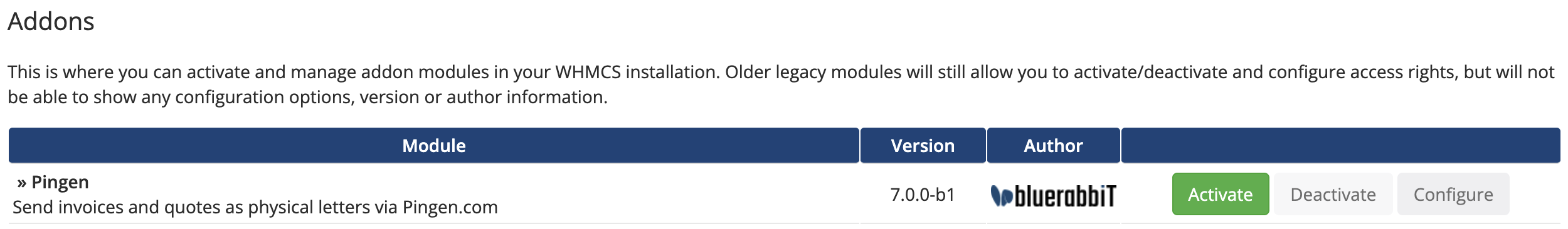 Pingen on the Addon Modules page