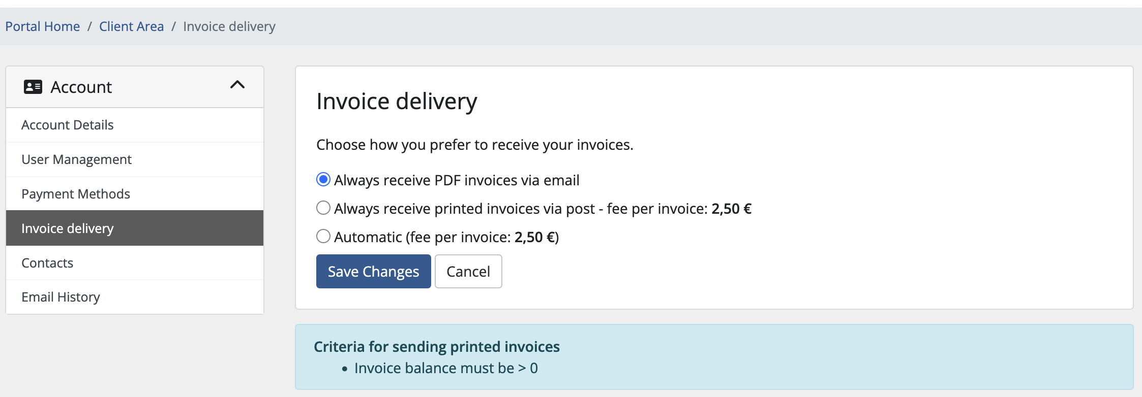 The Invoice delivery page in the client area