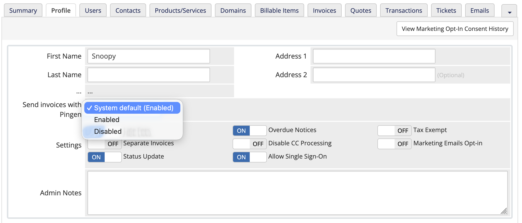 The per-client field on the client profile