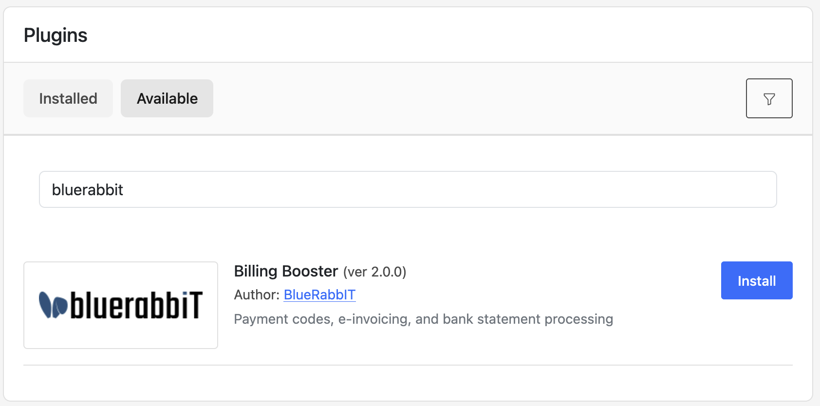 Billing Booster in the Available plugins tab