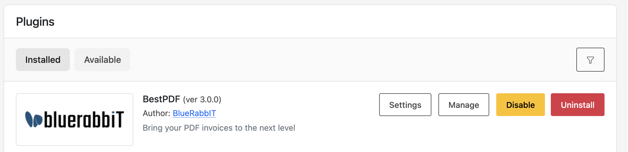 BestPDF in the Installed plugins tab