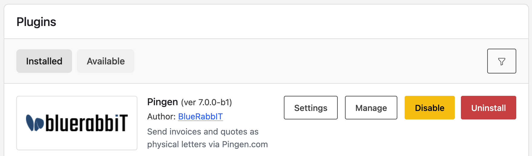 Pingen in the Installed plugins tab