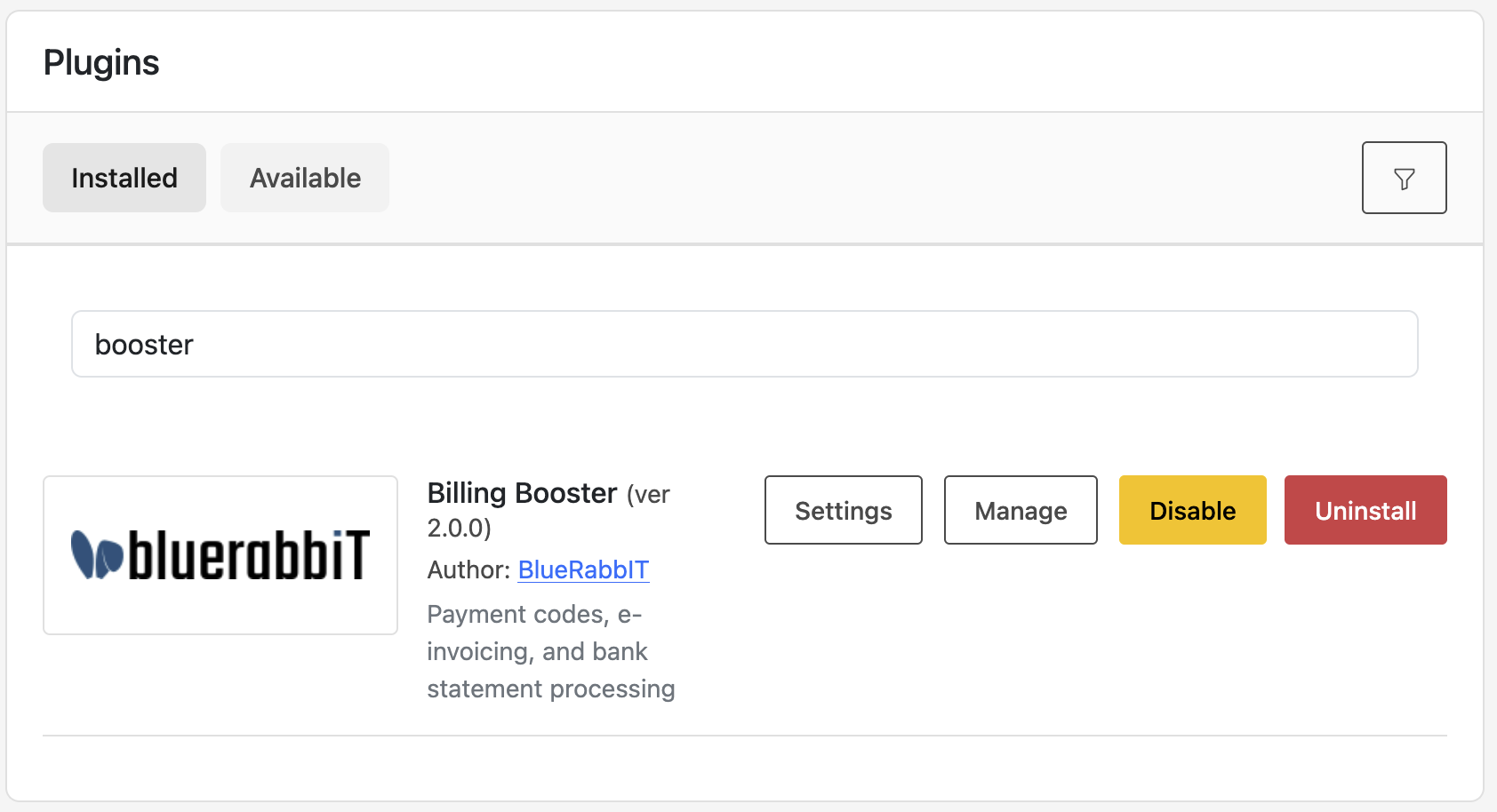 Billing Booster in the Installed plugins tab