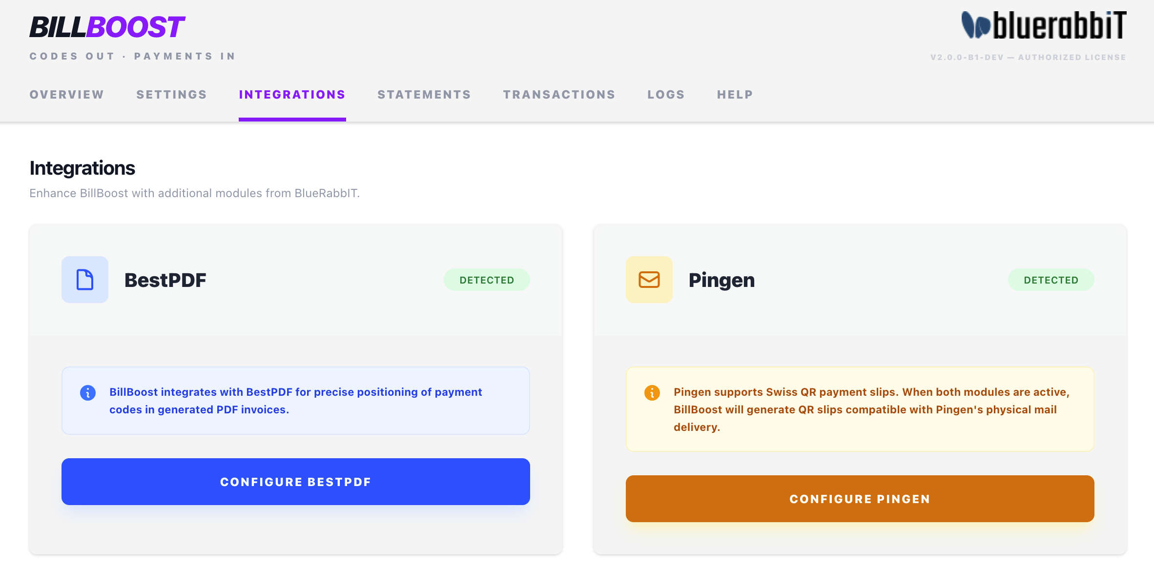 The Integrations tab