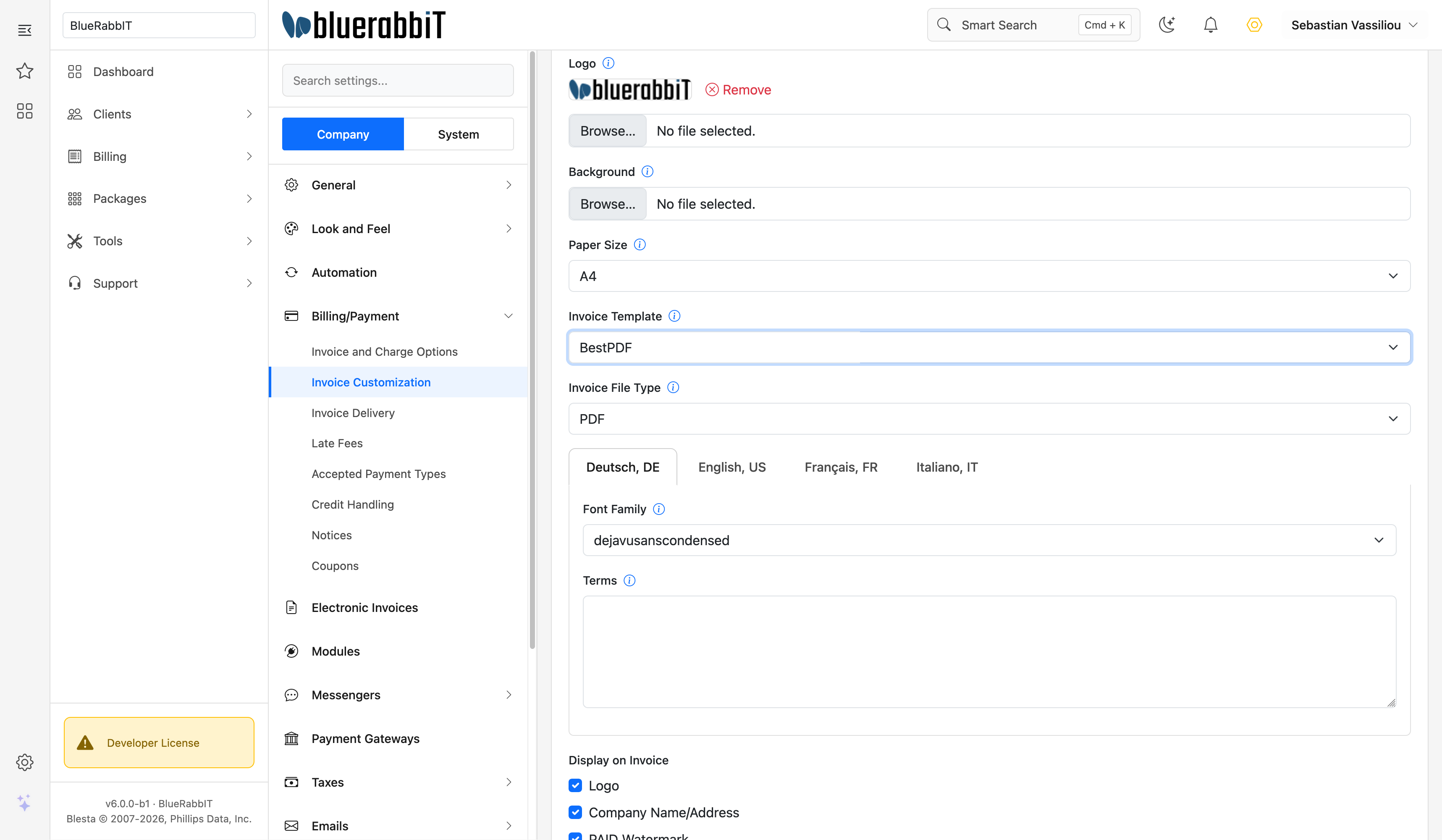 Selecting BestPDF as the invoice template
