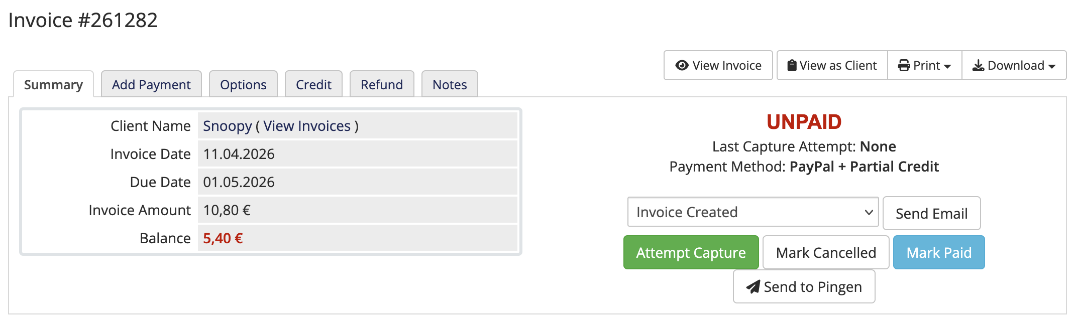 The Send to Pingen button on an invoice