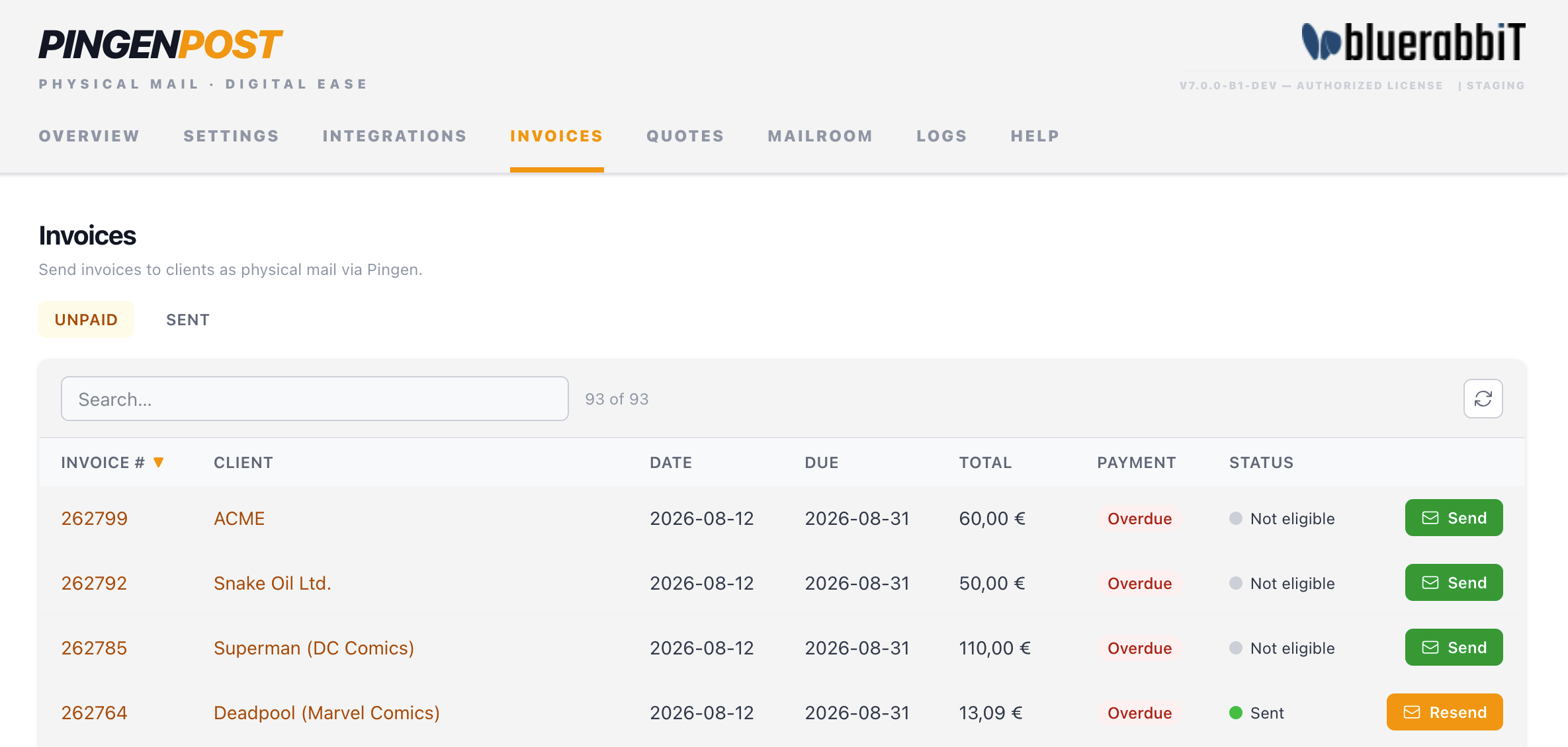 The Invoices tab