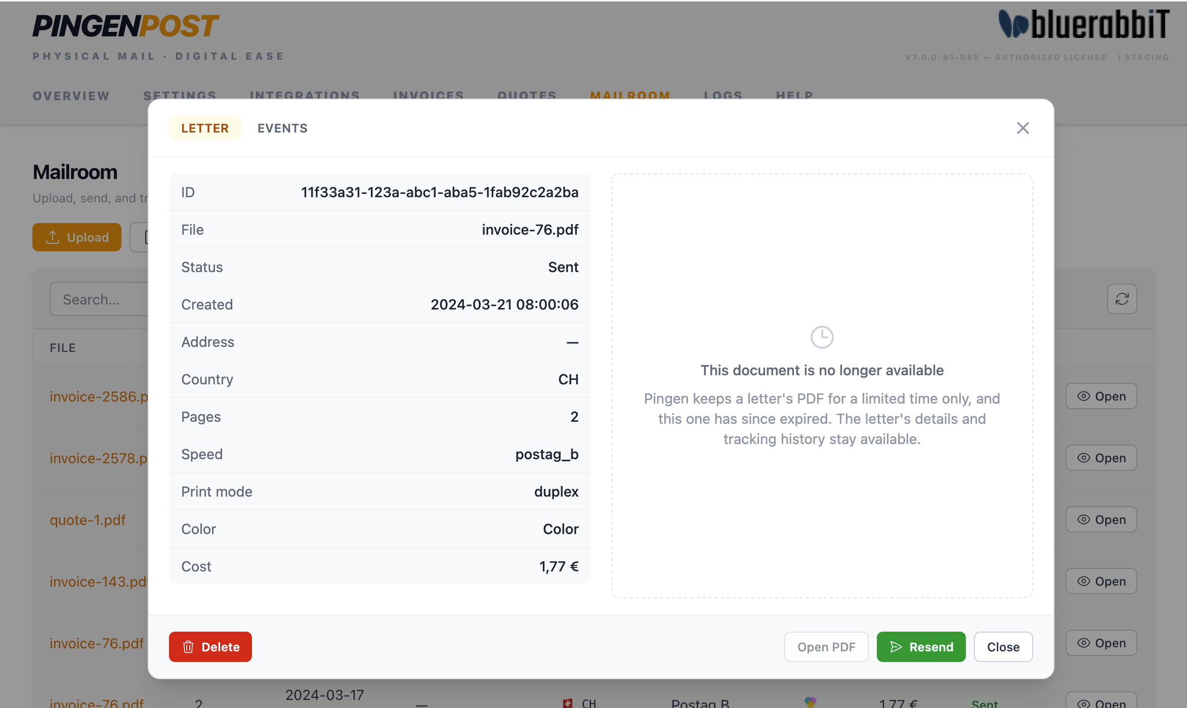 A letter's detail view with tracking events