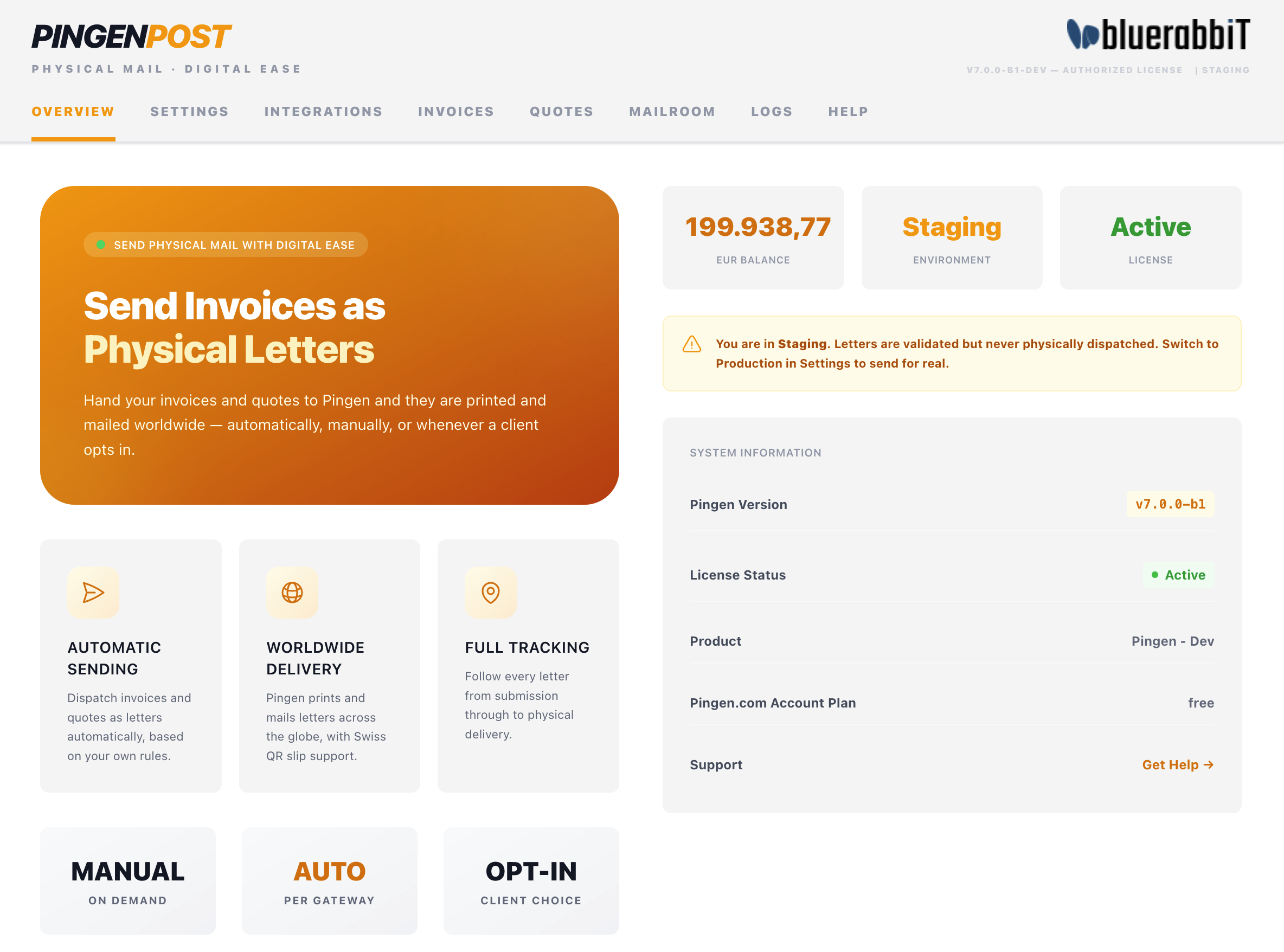 The Pingen Post configuration interface