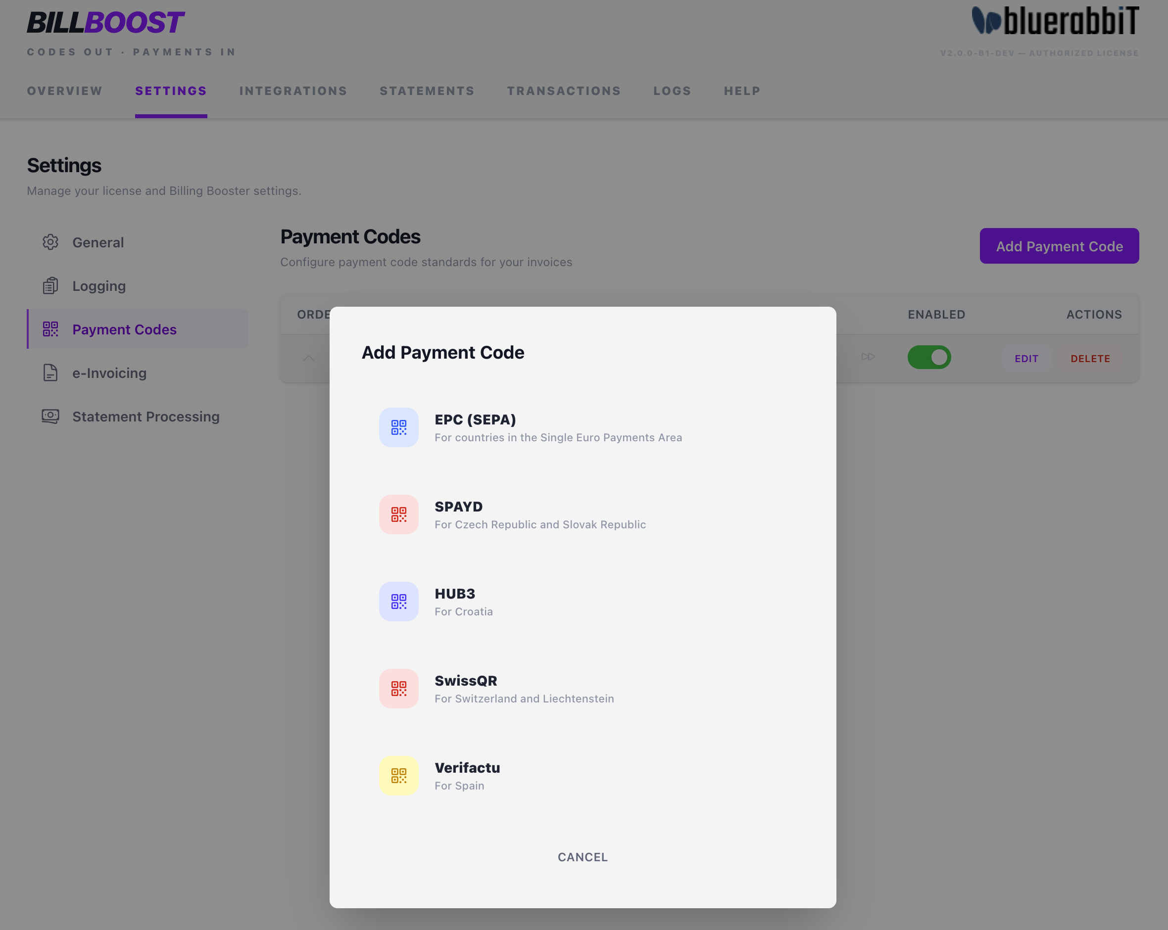 The Payment Codes list