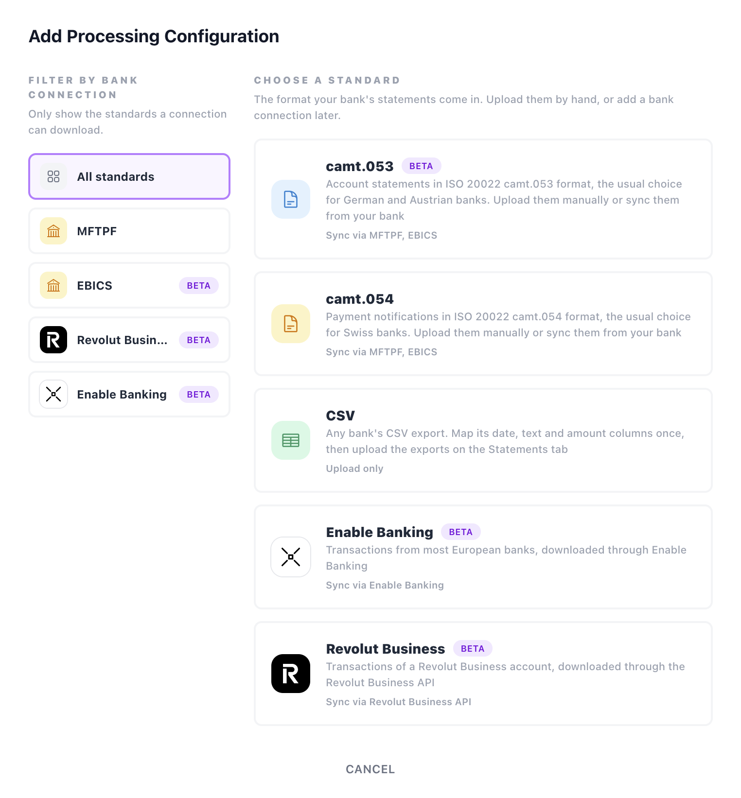 The Add Processing Configuration dialog