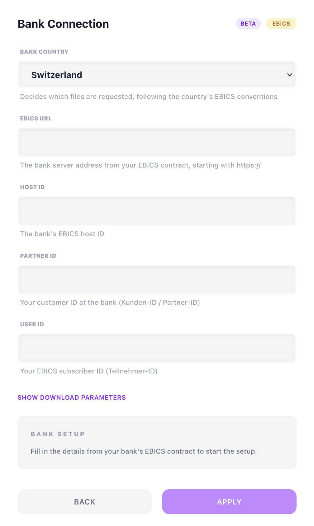 The EBICS bank setup panel