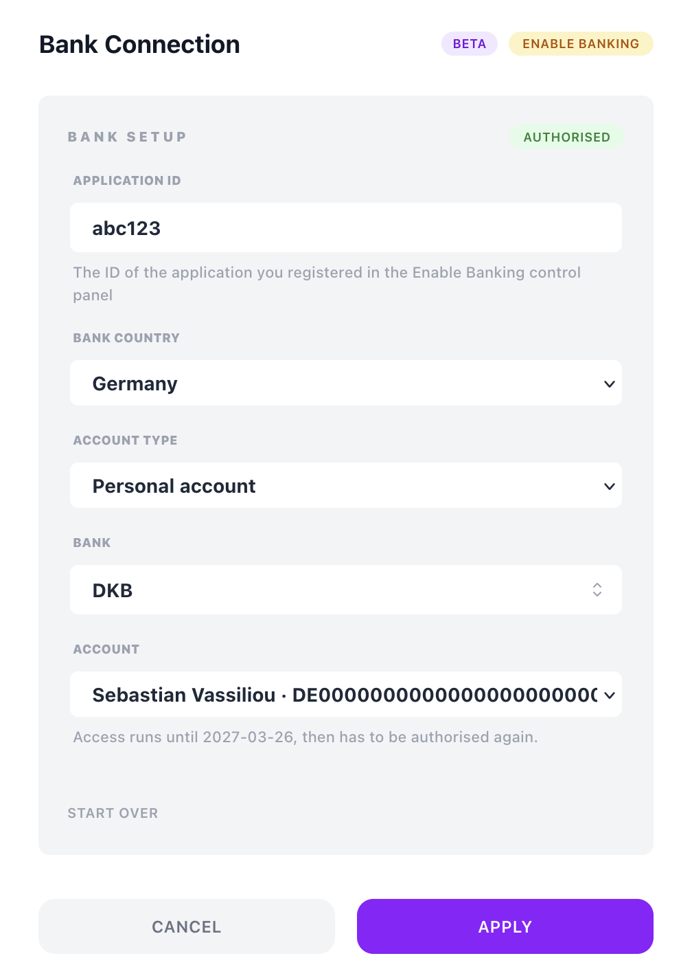 The Enable Banking bank setup