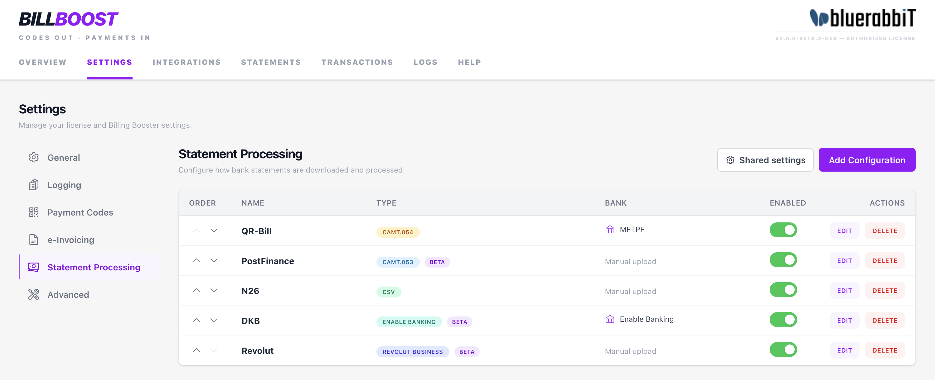 The Statement Processing sub-tab under Settings