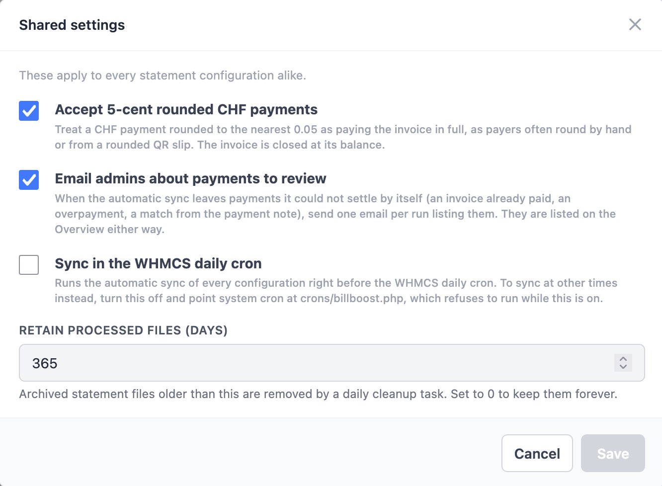 The shared statement settings