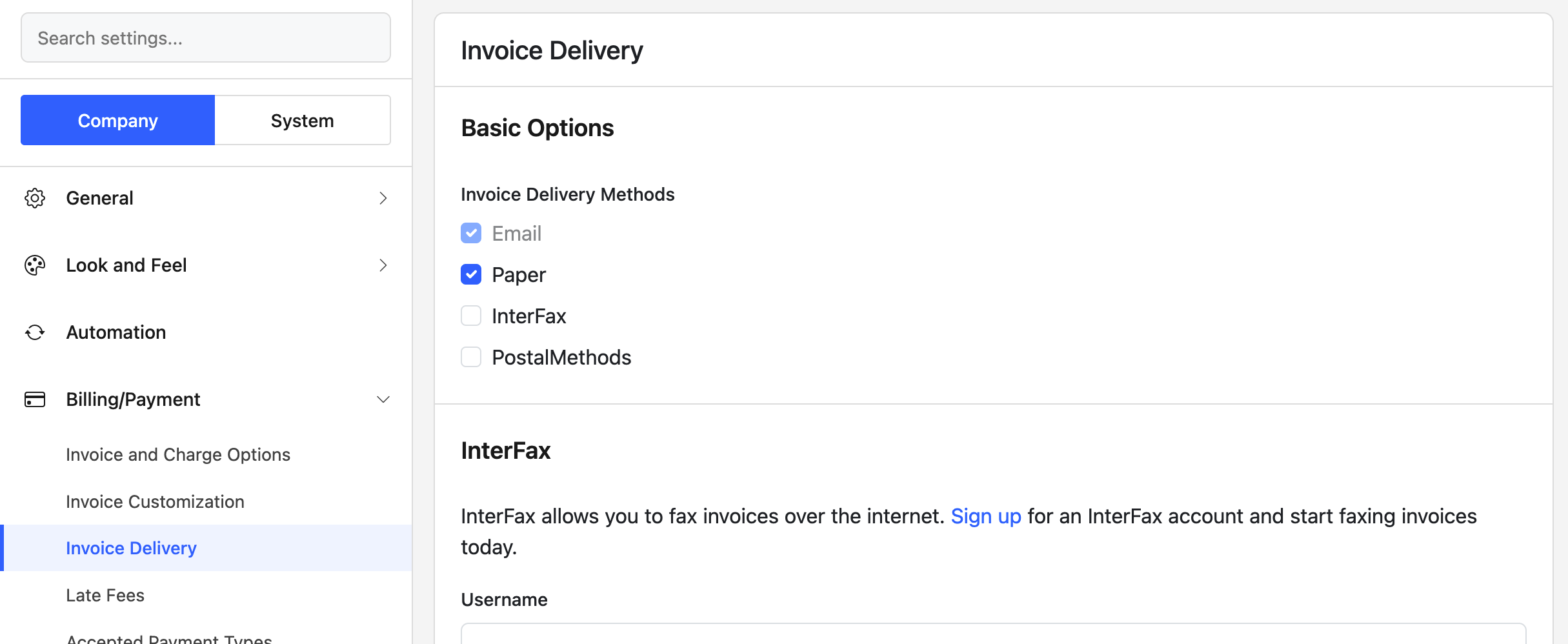 The Delivery settings, ready to send paper invoices