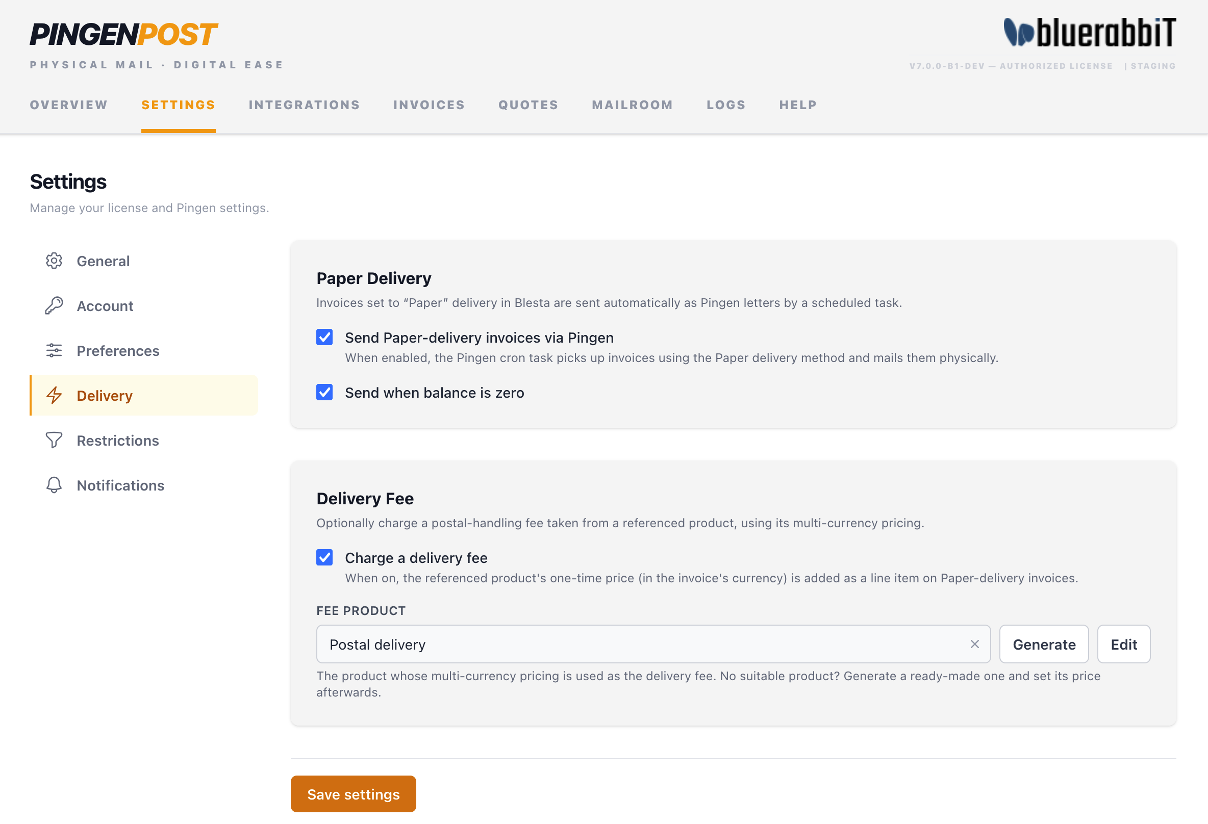 Settings → Delivery