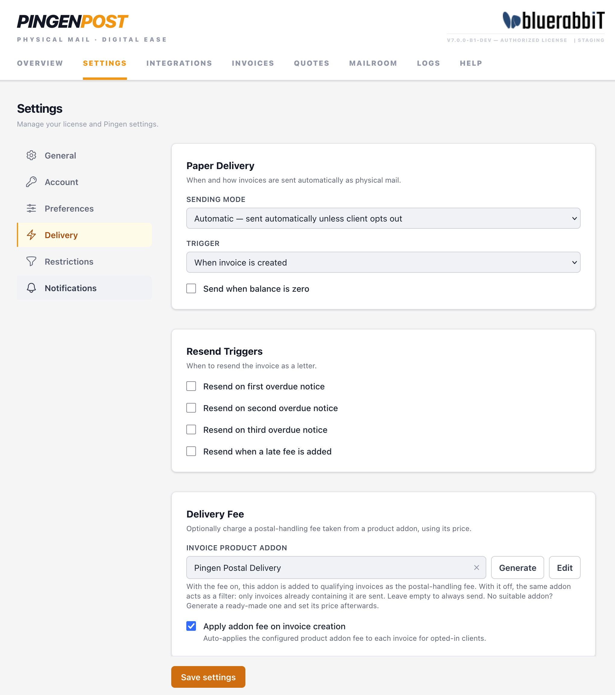 Settings → Delivery
