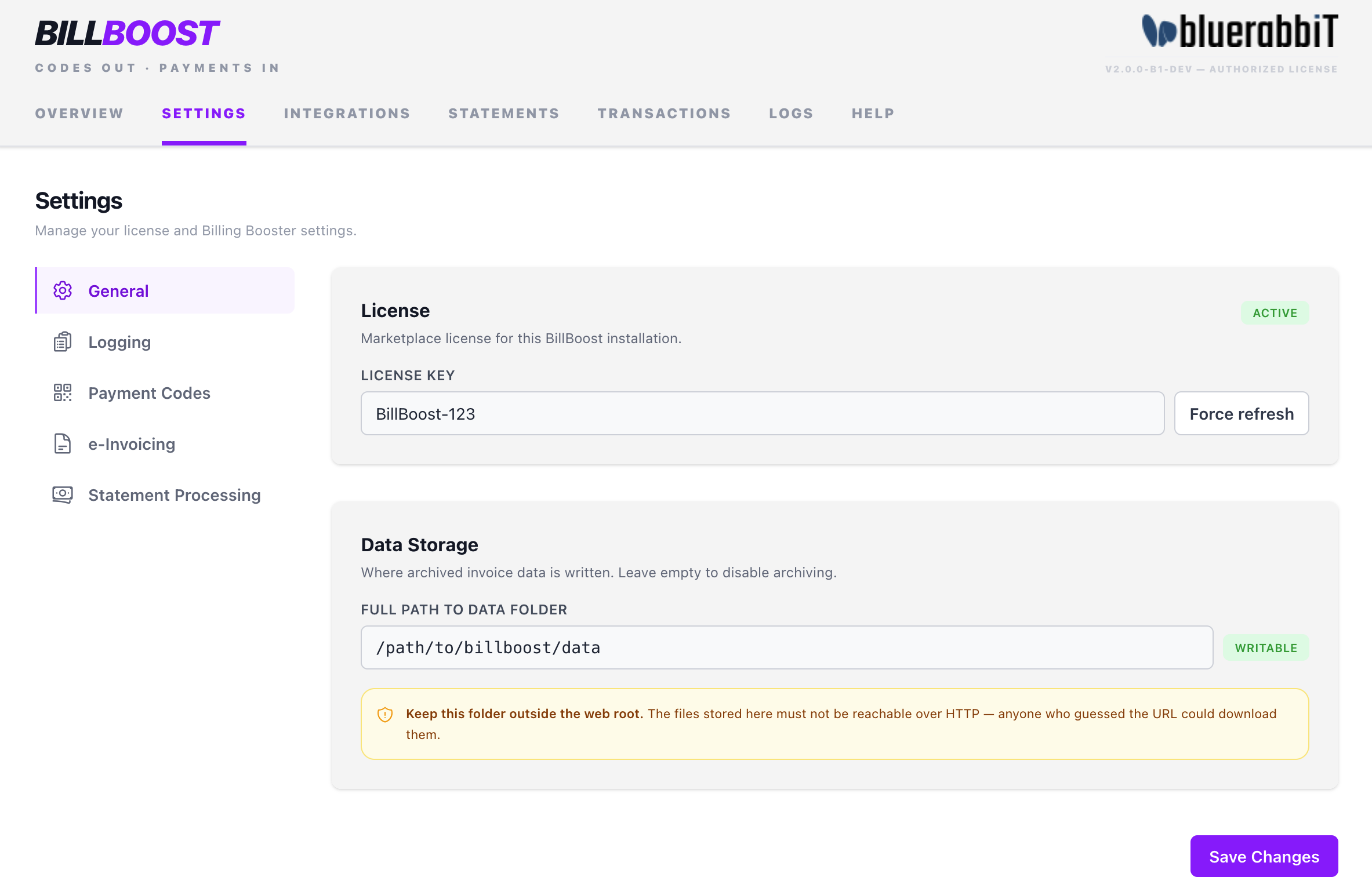 The license key field on the Settings tab