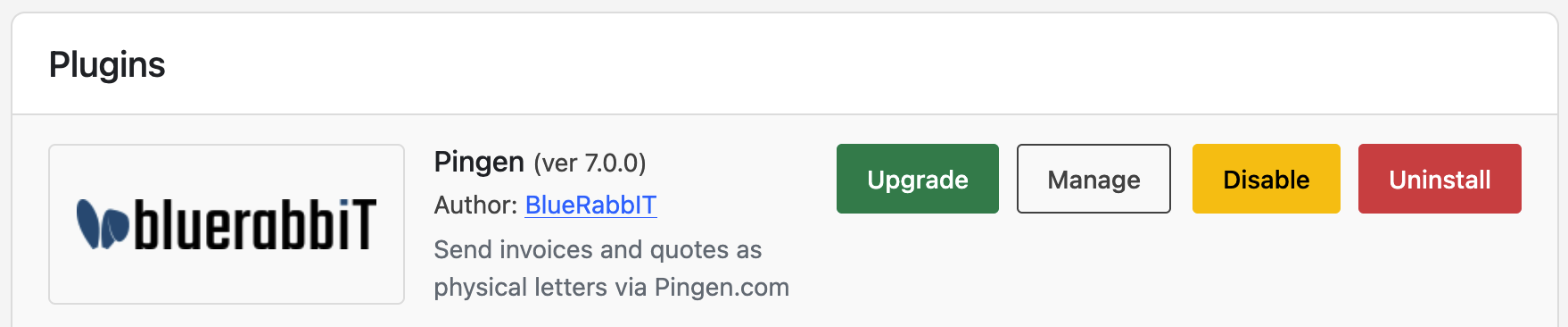 Upgrade button on the Pingen plugin row