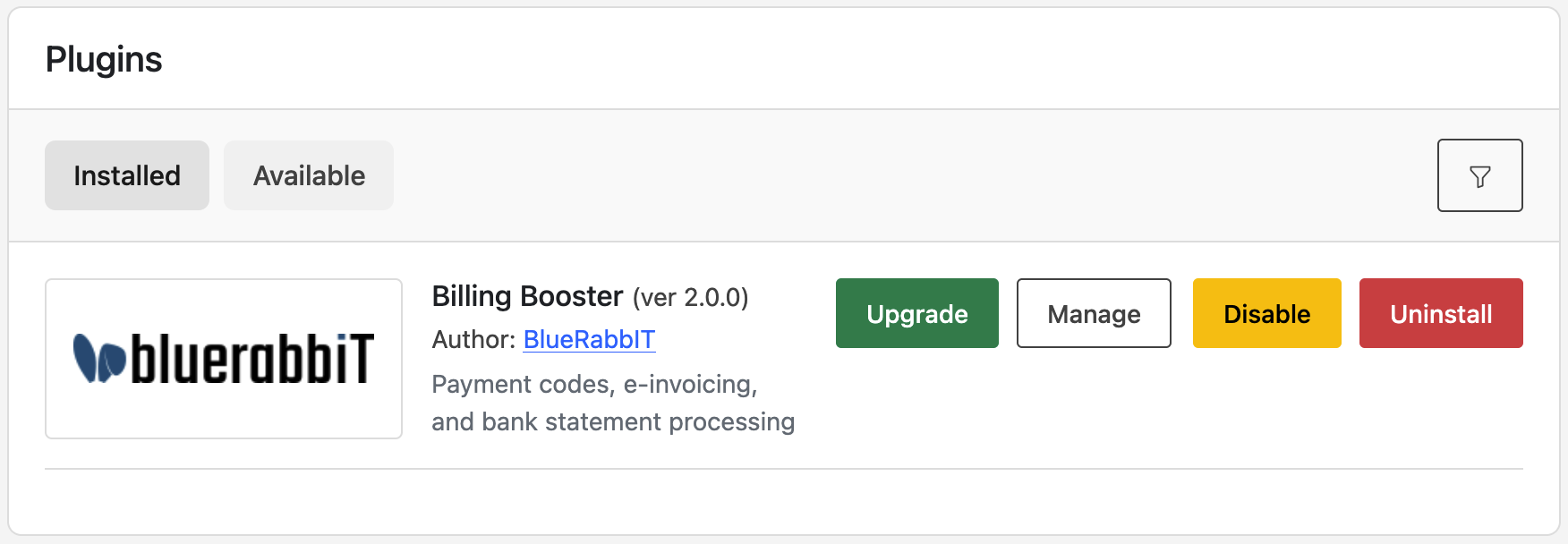 Upgrade button on the Billing Booster plugin row