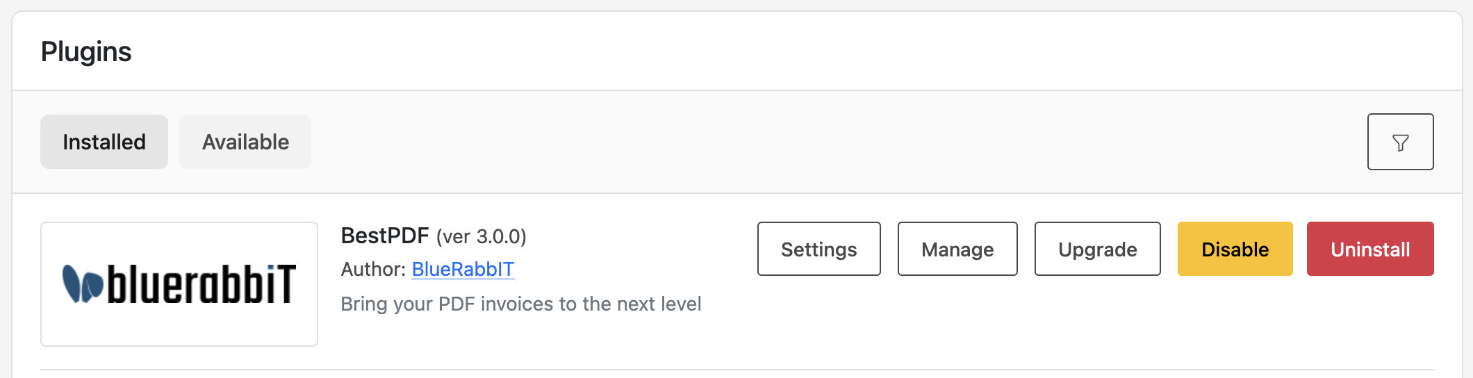 Upgrade button on the BestPDF plugin row